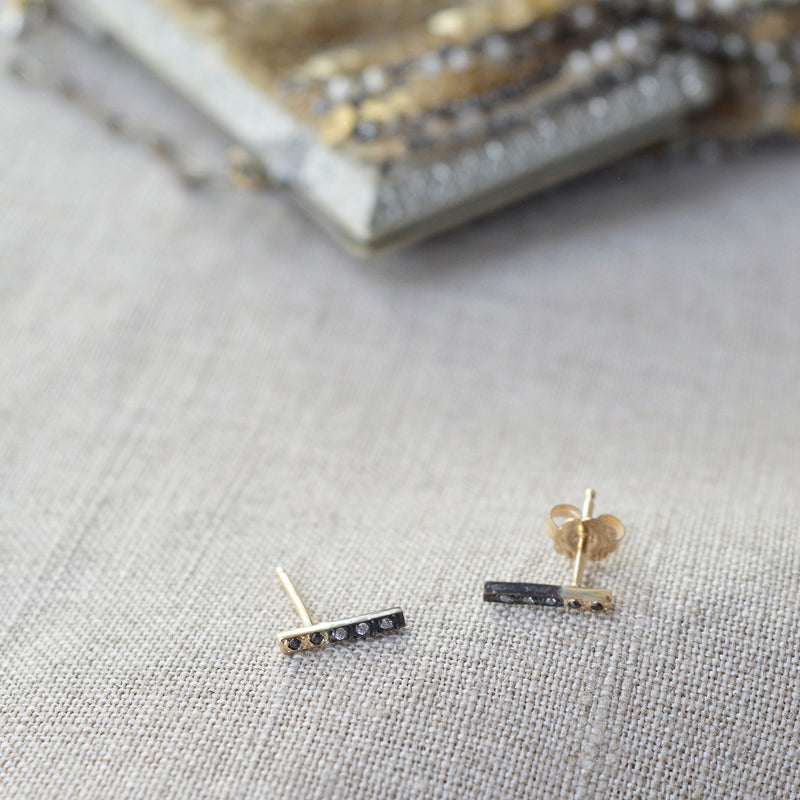 Ariko Jewelry Two Color Gold and Silver  Bar Earring Studs with Black and White Diamonds  Made in Brooklyn