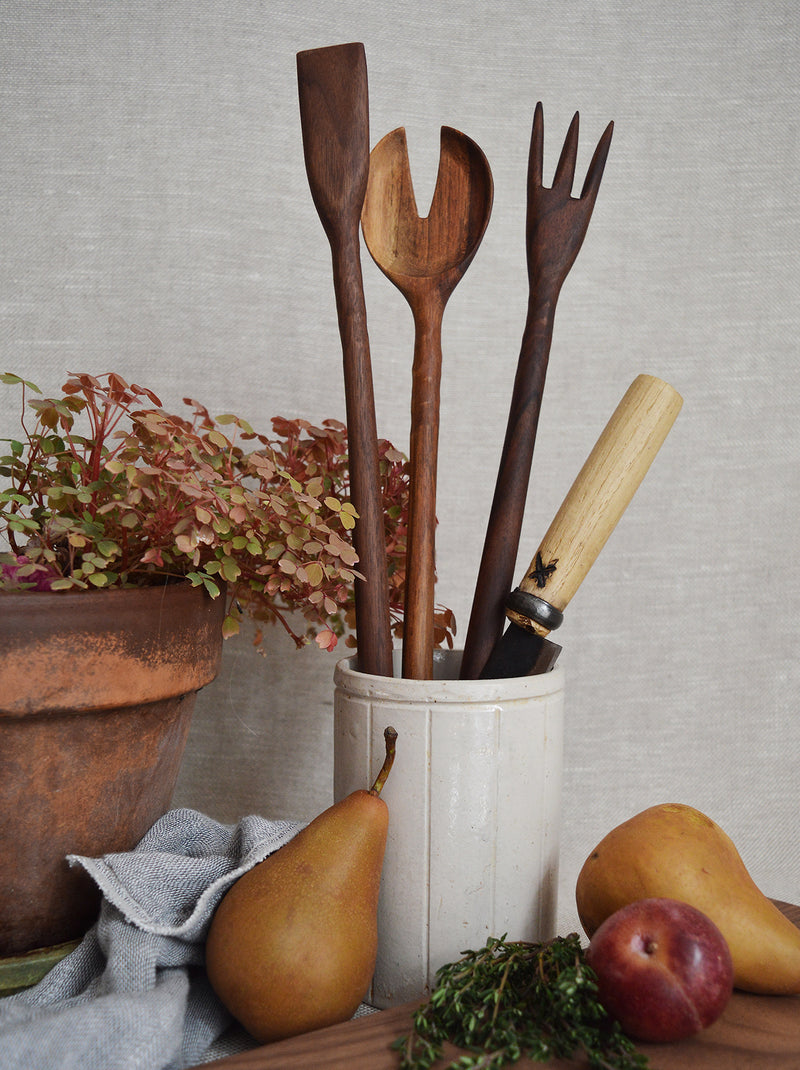 Hand carved clefted wood spoon from Two Tree Studio.  Finished with walnut oil for high-heat cooking, the clefted scoop is available in reclaimed, bleached & whitened spalted maple, walnut (dark) and maple (light).  Made in Brooklyn New York