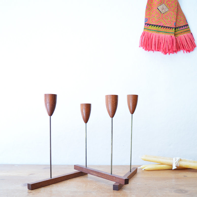 Vintage mid century modern foldable, articulated, candle holder. Made of teak wood and metal. 