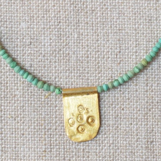 Tab Talisman on Tiny Turquoise Bead Necklace with Black Diamond Detail