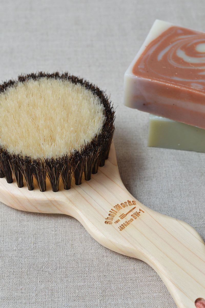 Shoji Works Japanese body massage scrub brush with ergonomic Japanese cypress handle. White and brown horsehair. Shop gift store sowa boston bath body care