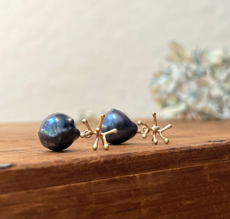 Julie Cohn Bronze Stamen Midnight Pearl earrings. Shop Boston