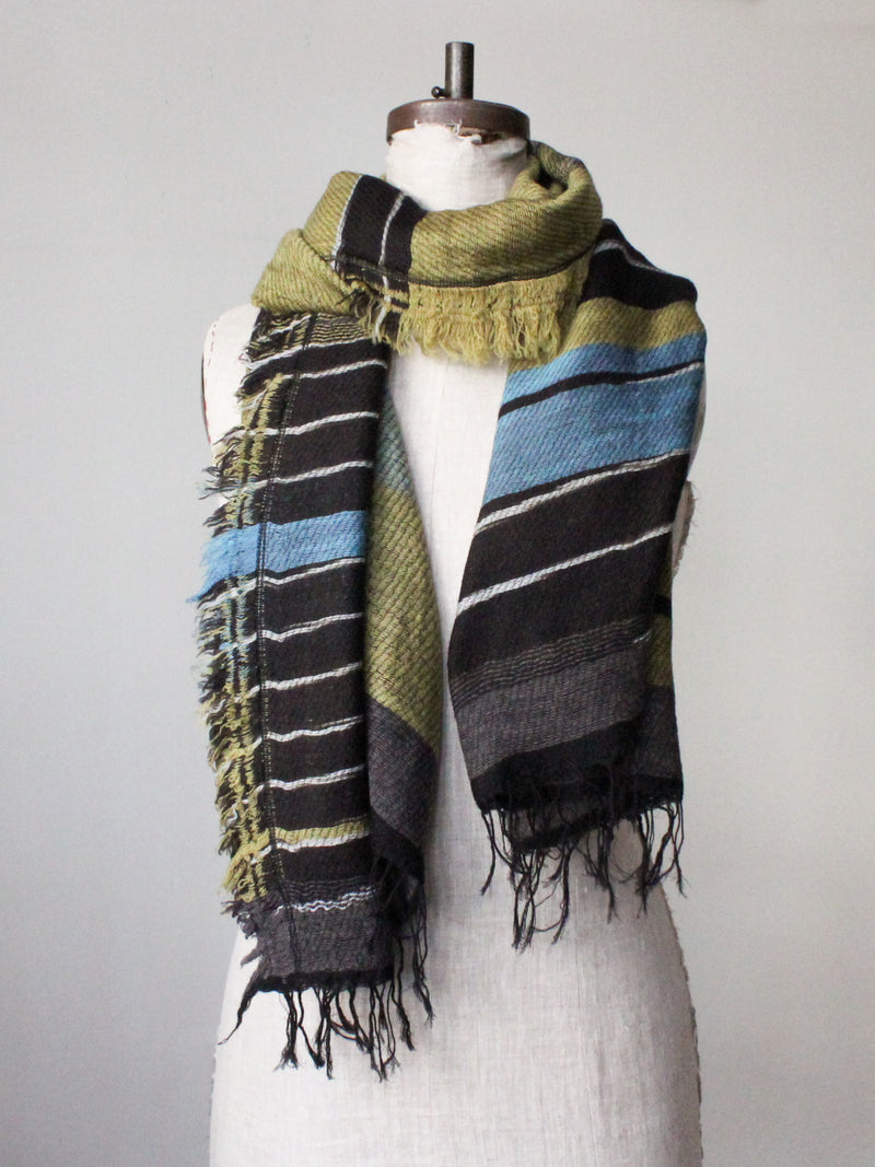 Japanese Extra Soft Woven Wool Cotton Scarf - Medium  - Gold, Blue and Chocolate Stripes