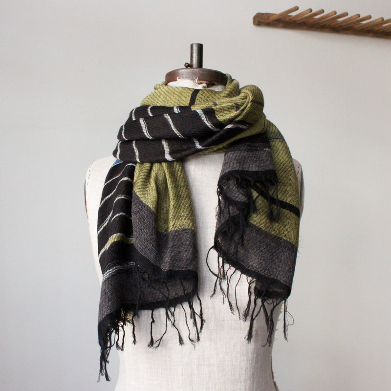 Japanese Extra Soft Woven Wool Cotton Scarf - Medium  - Gold, Blue and Chocolate Stripes