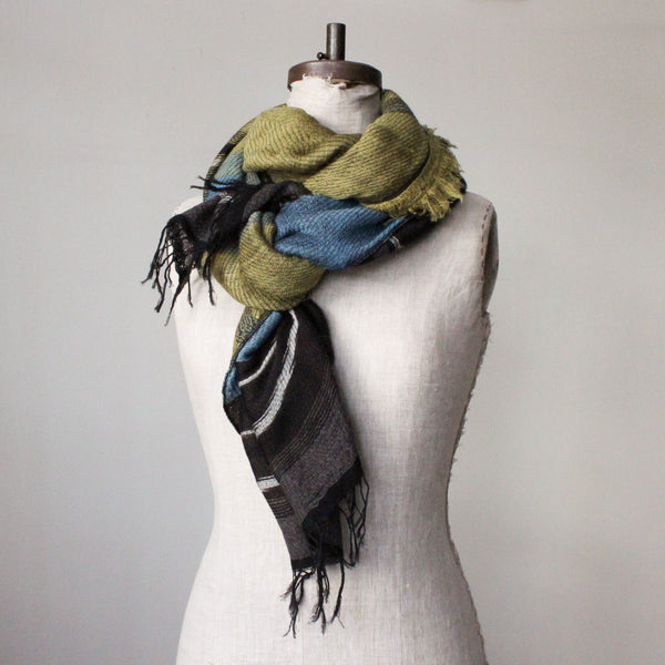 Japanese Extra Soft Woven Wool Cotton Scarf - Medium  - Gold, Blue and Chocolate Stripes
