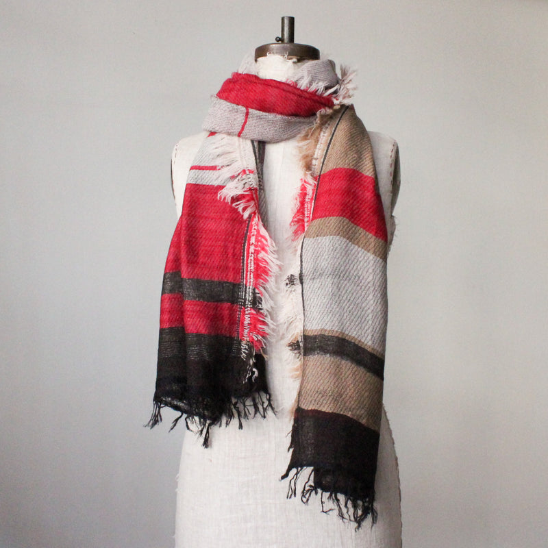 Japanese Extra Soft Woven Wool Cotton Scarf - Medium - Red, Beige and Brown  Stripes