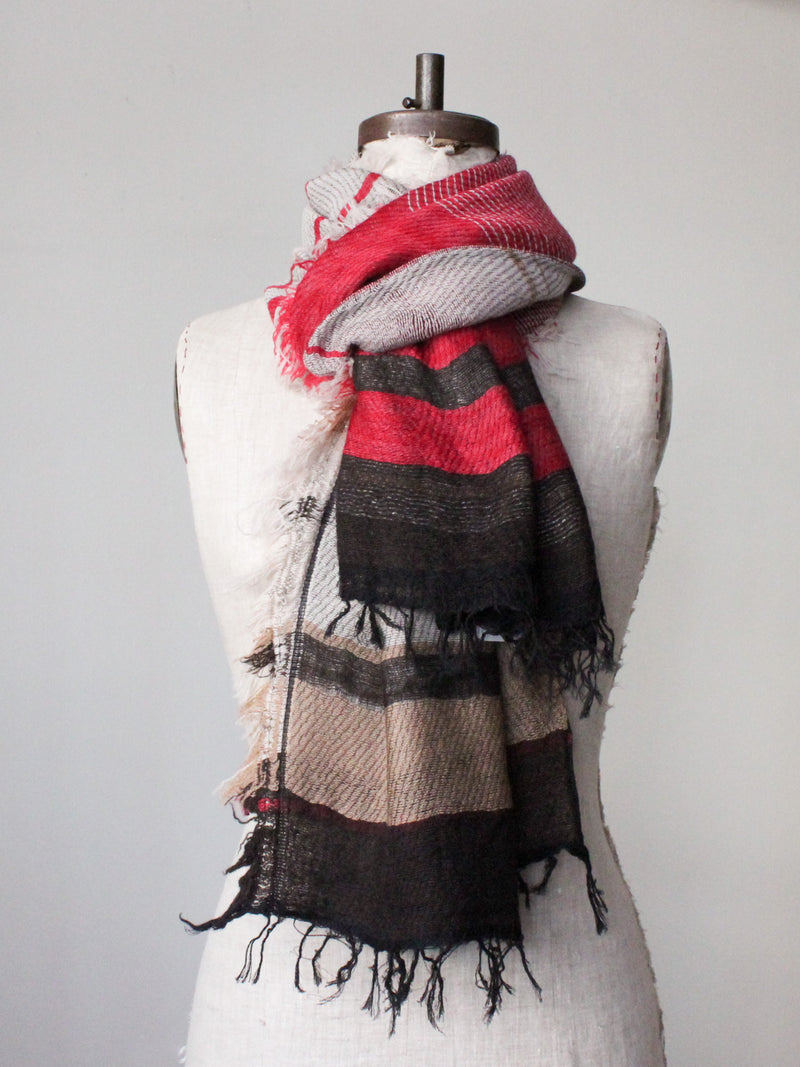 Japanese Extra Soft Woven Wool Cotton Scarf - Medium - Red, Beige and Brown  Stripes