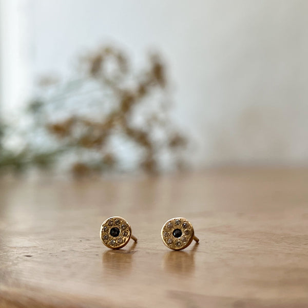 Ariko Yellow Gold Post Earrings with Rose Cut Black Diamonds  Made in Brooklyn shop Boston