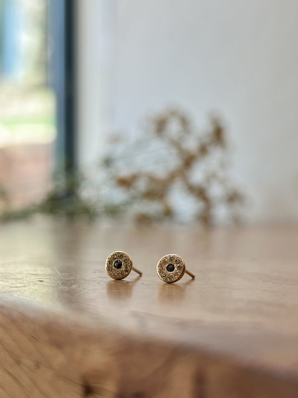 Ariko Yellow Gold Post Earrings with Rose Cut Black Diamonds  Made in Brooklyn shop Boston