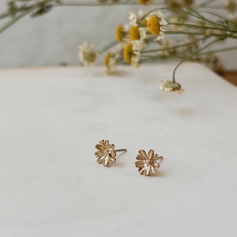 Ariko Jewelry 14K Gold Flower Earrings Studs with diamond Made in Brooklyn