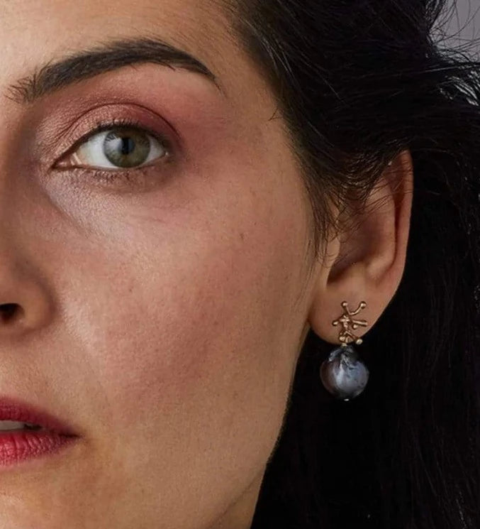 Julie Cohn Bronze Stamen Midnight Pearl earrings. Shop Boston