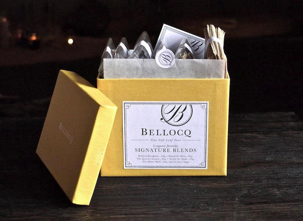 Bellocq Tea Atelier, an inconspicuous jewel box tucked away into a quiet corner of Greenpoint, Brooklyn, has turned nearly a decade of sourcing and blending the finest teas and botanicals into a devoted and articulate history of tea connoisseurship.  This lovely collection, a constantly requested set, offers a generous selection of our favorite tea blends. Packaged in a beautiful yellow Bellocq Box, the collection also includes 25 filter bags to get you (or some lucky loved one) started.