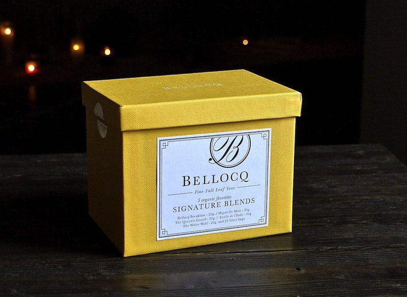 Bellocq Tea Atelier, an inconspicuous jewel box tucked away into a quiet corner of Greenpoint, Brooklyn, has turned nearly a decade of sourcing and blending the finest teas and botanicals into a devoted and articulate history of tea connoisseurship.  This lovely collection, a constantly requested set, offers a generous selection of our favorite tea blends. Packaged in a beautiful yellow Bellocq Box, the collection also includes 25 filter bags to get you (or some lucky loved one) started.