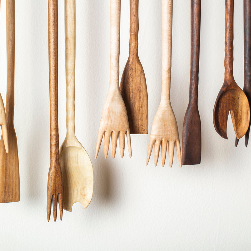 Hand carved clefted wood spoon from Two Tree Studio.  Finished with walnut oil for high-heat cooking, the clefted scoop is available in reclaimed, bleached & whitened spalted maple, walnut (dark) and maple (light).  Made in Brooklyn New York