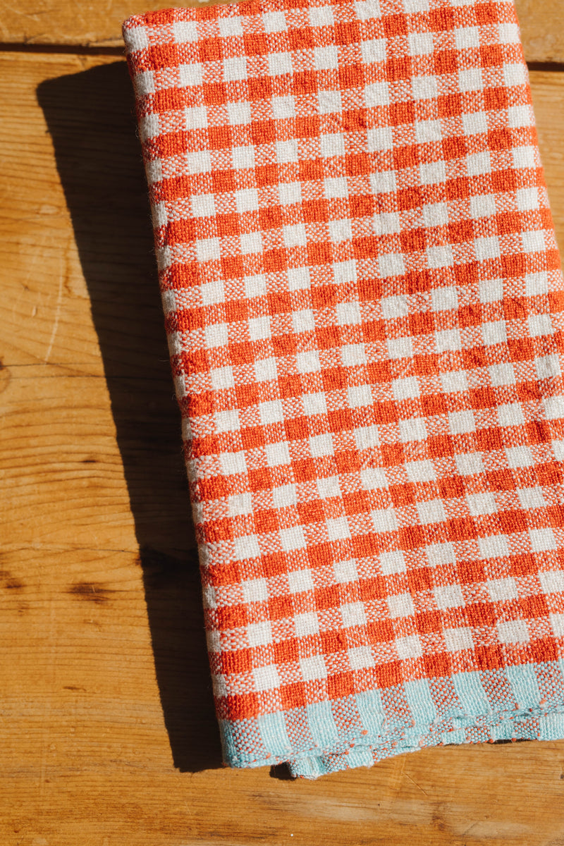 Two-Tone Gingham Orange/Aqua Linen Tea Towels