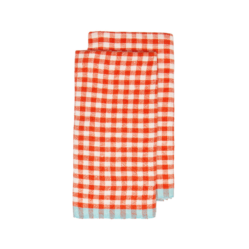 Two-Tone Gingham Orange/Aqua Linen Tea Towels