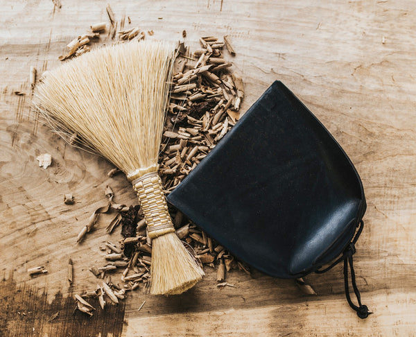 Leather dust pan. Handmade in Kentucky by designer/maker Cynthia Main of Sunhouse Craft.  