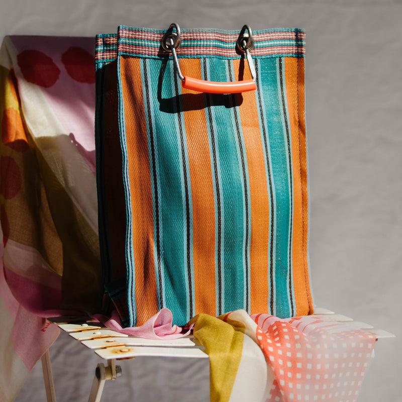 Recycled Plastic Tall Striped Bag - Orange & Blue with Orange Handle
